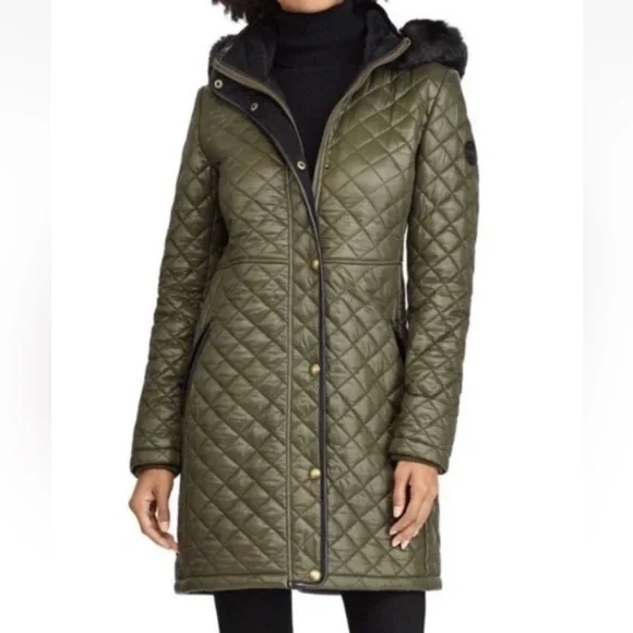 Lauren Ralph Lauren Olive/Black Diamond Quilted Coat with Hood Size Small - Picture 1 of 14